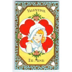Valentine Postcard be Mine Girl With Red Hearts Flowers Vintage Greetings 1931